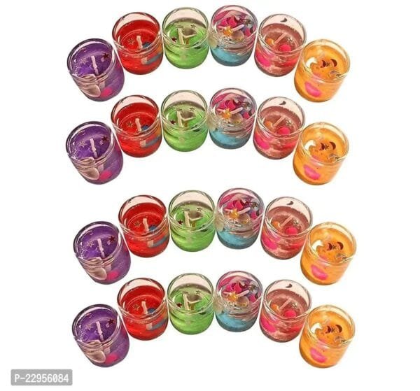 Small Smokeless Decorated Mini Cute Little Glass Jelly Gel Paraffin Wax Candles (Multicolour, Set of 24 Pieces, Size- 2.5x2.5 cm)