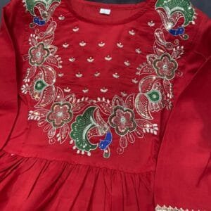 Beautiful Floral Peacock Embroidery Work On Yoke Detailing With Lace Work Anarkali Kurti With Pant And Georgette Dupatta