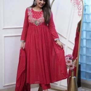 Beautiful Floral Peacock Embroidery Work On Yoke Detailing With Lace Work Anarkali Kurti With Pant And Georgette Dupatta