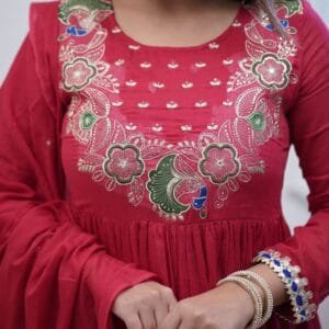 Beautiful Floral Peacock Embroidery Work On Yoke Detailing With Lace Work Anarkali Kurti With Pant And Georgette Dupatta