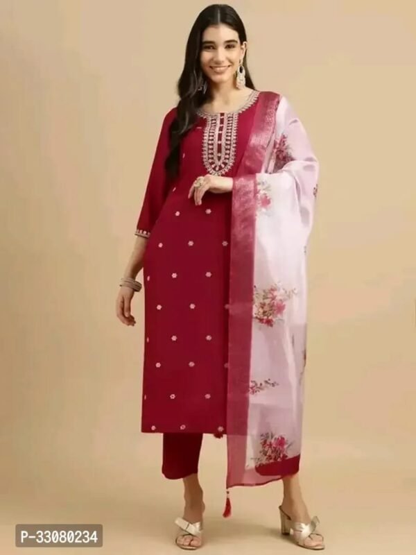 Beautiful Cotton Slub Red Embroidered Kurta Pant And Dupatta Set For Women