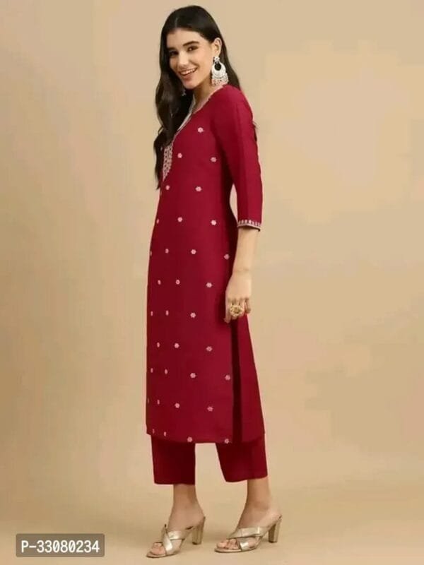 Beautiful Cotton Slub Red Embroidered Kurta Pant And Dupatta Set For Women