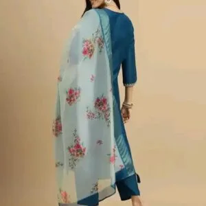 Beautiful Cotton Slub Blue Embroidered Kurta Pant And Dupatta Set For Women