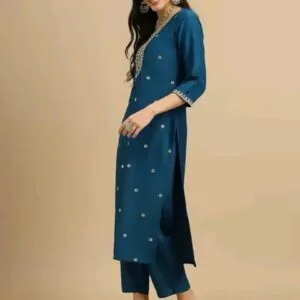 Beautiful Cotton Slub Blue Embroidered Kurta Pant And Dupatta Set For Women