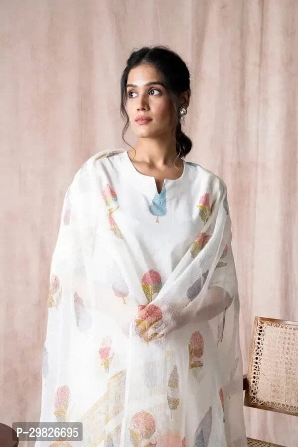 White Printed Cotton Blend Kurta with Pant And Dupatta Set For Women