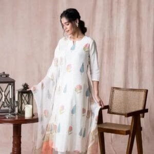 White Printed Cotton Blend Kurta with Pant And Dupatta Set For Women