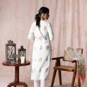 White Printed Cotton Blend Kurta with Pant And Dupatta Set For Women