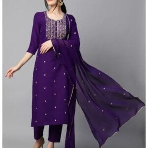 Straight Purple Embroidered Cotton Blend Kurta, Bottom and Dupatta Set For Women