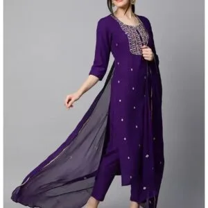 Straight Purple Embroidered Cotton Blend Kurta, Bottom and Dupatta Set For Women