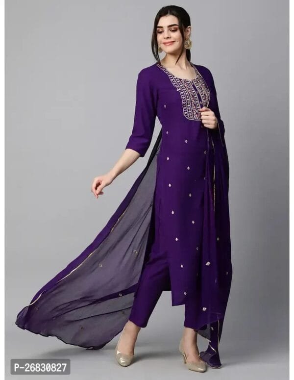 Straight Purple Embroidered Cotton Blend Kurta, Bottom and Dupatta Set For Women