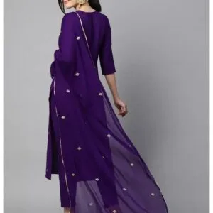 Straight Purple Embroidered Cotton Blend Kurta, Bottom and Dupatta Set For Women