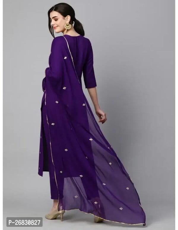 Straight Purple Embroidered Cotton Blend Kurta, Bottom and Dupatta Set For Women