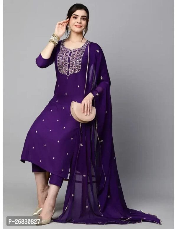 Straight Purple Embroidered Cotton Blend Kurta, Bottom and Dupatta Set For Women