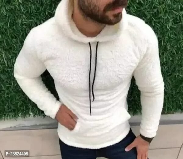 Elegant White Wool Solid Long Sleeves Hoodies For Men