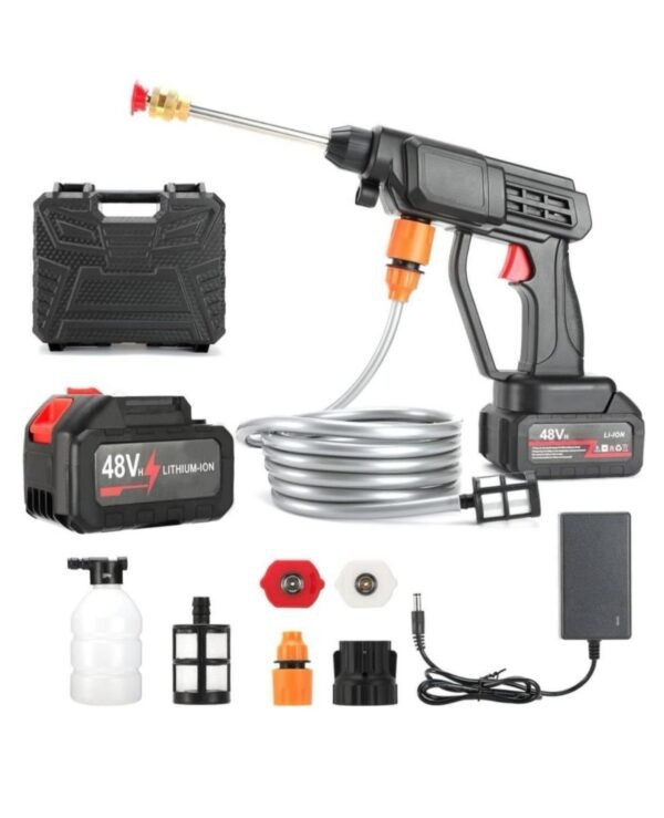 Wireless High Pressure Car Washer& Car Cleaning 48V Rechargeable Electric Pressure Washer Gun Machine Tool for Car,Bike,Gardening with Adjustable 3in1 Nozzle &5M Hose Pipe